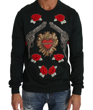 Dolce & Gabbana Green Crystal Heart Roses Gun Sweater