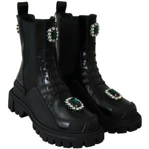 Dolce &amp; Gabbana Elegant Black Leather Combat Boots with Crystal Detail