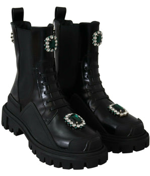 Dolce & Gabbana Elegant Black Leather Combat Boots with Crystal Detail Dolce & Gabbana 
