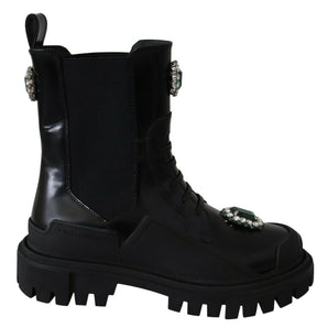 Dolce &amp; Gabbana Elegant Black Leather Combat Boots with Crystal Detail