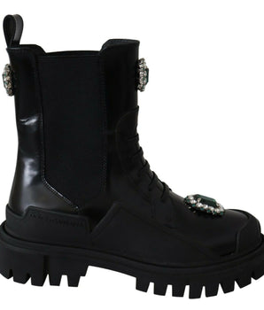 Dolce & Gabbana Elegant Black Leather Combat Boots with Crystal Detail Dolce & Gabbana 