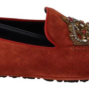 Dolce & Gabbana Opulent Orange Leather Loafers with Gold Embroidery