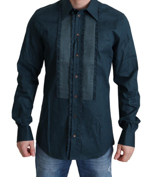 Dolce & Gabbana Elegant Blue Ruffled Tuxedo Shirt Dolce & Gabbana 