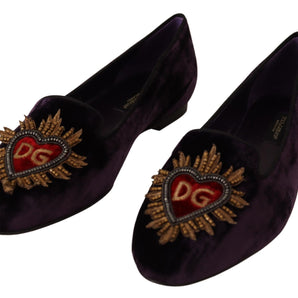 Dolce & Gabbana Chic Purple Velvet Loafers with Heart Detail