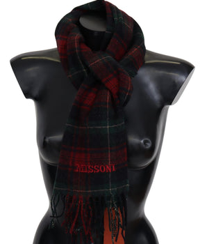 Missoni Black Red Check Wool Unisex Neck Wrap Fringes Scarf