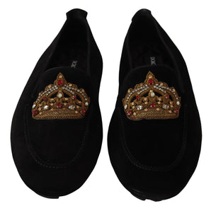 Dolce &amp; Gabbana Elegantes chanclas mocasines de cuero negro con bordado dorado