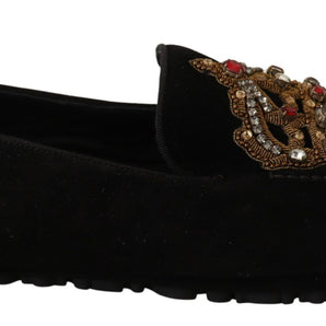 Dolce &amp; Gabbana Elegantes chanclas mocasines de cuero negro con bordado dorado