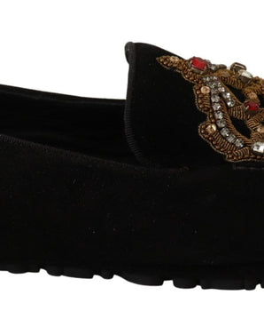 Dolce & Gabbana Elegant Black Leather Loafer Slides with Gold Embroidery Dolce & Gabbana 