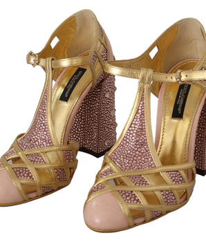 Dolce &amp; Gabbana Silk-Infused Leather Crystal Pumps in Pink Gold