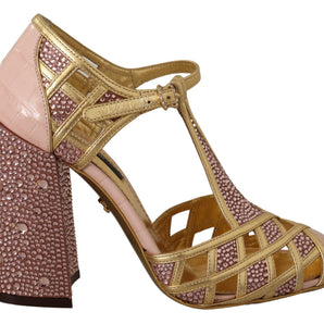 Dolce & Gabbana Silk-Infused Leather Crystal Pumps in Pink Gold