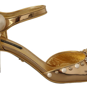 Dolce & Gabbana Elegant Gold Leather Block Heels with Crystals