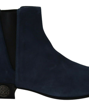 Dolce &amp; Gabbana Chic Blue Suede Mid-Calf Boots with Stud Details