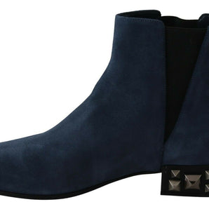 Dolce & Gabbana Chic Blue Suede Mid-Calf Boots with Stud Details