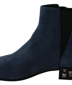 Dolce &amp; Gabbana Chic Blue Suede Mid-Calf Boots with Stud Details