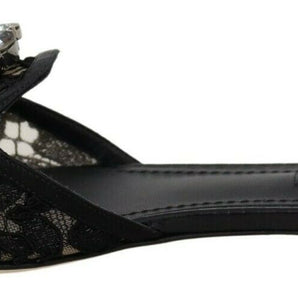 Dolce & Gabbana Elegant Black Lace Mules with Jewel Flower Detail