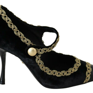 Dolce &amp; Gabbana Elegantes zapatos de tacón de terciopelo negro con bordado dorado