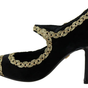 Dolce &amp; Gabbana Elegantes zapatos de tacón de terciopelo negro con bordado dorado