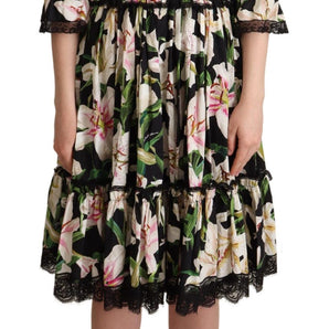 Dolce &amp; Gabbana Elegant Lily Print Midi Dress with Lace Trim