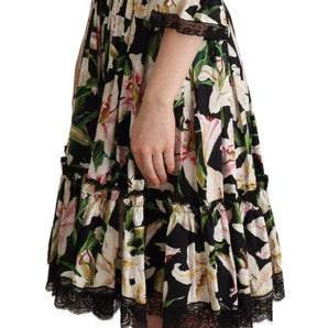 Dolce &amp; Gabbana Elegant Lily Print Midi Dress with Lace Trim