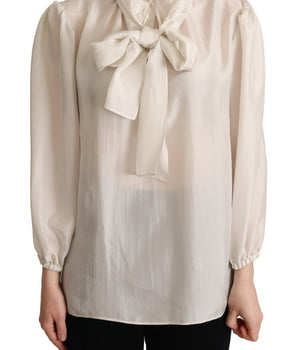 Dolce & Gabbana Light Gray Ascot Collar Shirt Silk Blouse Top Dolce & Gabbana 