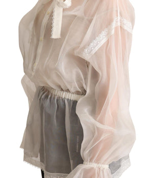 Dolce & Gabbana White Ascot Collar Long Sleeves Blouse Top Dolce & Gabbana 