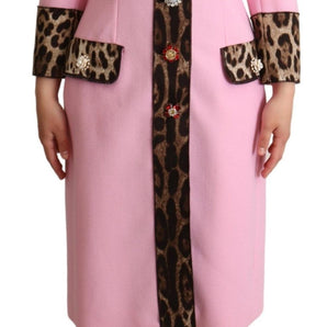 Dolce & Gabbana Chic Pink Leopard Trench with Crystal Buttons