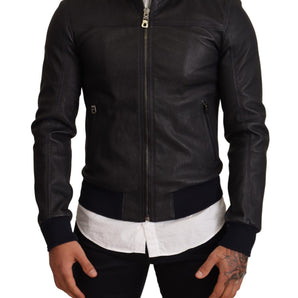 Dolce &amp; Gabbana Elegant Leather Bomber Jacket in Dark Blue