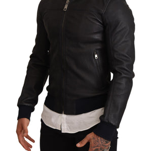 Dolce & Gabbana Elegant Leather Bomber Jacket in Dark Blue