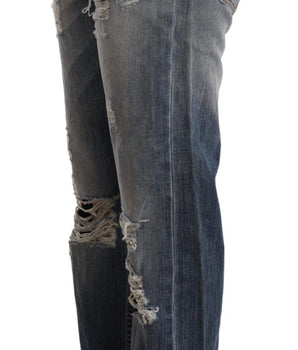 Acht Blue Tattered Mid Waist Straight Denim Pants