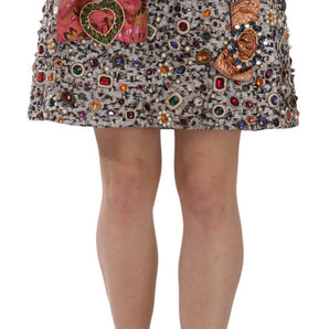 Dolce &amp; Gabbana Silver Embellished High Waist Mini Skirt