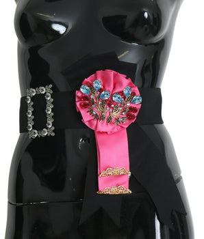 Dolce & Gabbana Black Pink Flower Brooch Crystals Cotton Belt Dolce & Gabbana 