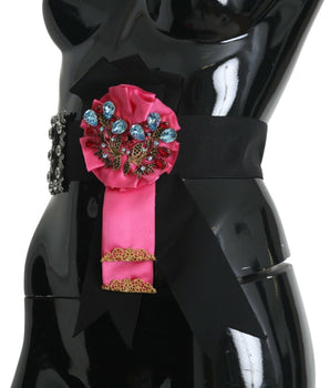 Dolce & Gabbana Black Pink Flower Brooch Crystals Cotton Belt Dolce & Gabbana 