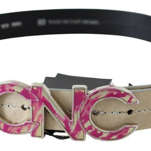 Custom National Beige Leather Pink Letter Logo Buckle Belt