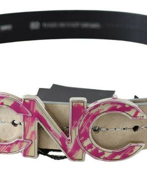 Costume National Beige Leather Pink Letter Logo Buckle Belt Costume National 