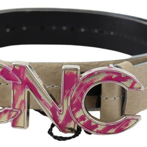 Custom National Beige Leather Pink Letter Logo Buckle Belt