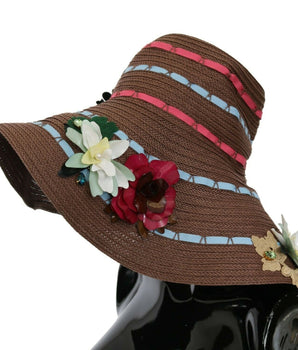 Dolce & Gabbana Brown Knitted Straw Floral Hat Dolce & Gabbana 