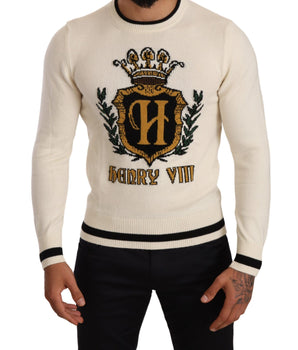 Dolce &amp; Gabbana White Heraldic Cashmere Pullover Sweater