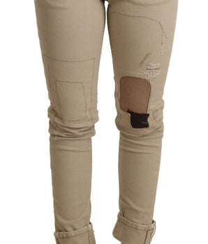Acht Beige Denim Cotton Bottom Slim Fit Fold-Over Pants