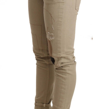 Acht Beige Denim Cotton Bottom Slim Fit Fold-Over Pants