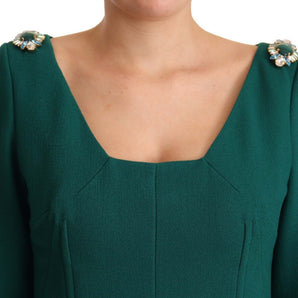 Dolce & Gabbana Emerald Green Midi Sheath Dress with Crystal Brooch