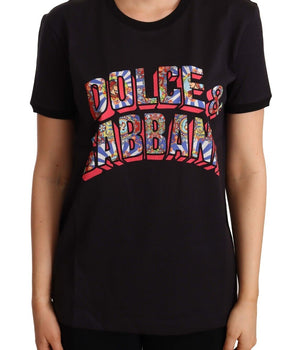 Dolce & Gabbana Black Cotton Large Print Top Crewneck T-shirt