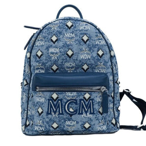 MCM Stark Small Blue Vintage Jacquard Monogram Logo Fabric Backpack Bookbag MCM 