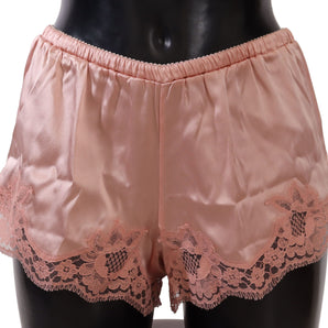 Dolce &amp; Gabbana Elegantes pantalones cortos de lencería de encaje de seda rosa empolvado