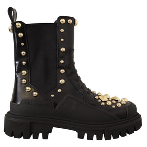 Dolce & Gabbana Studded Leather Combat Boots with Embroidery