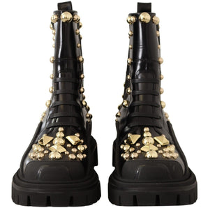 Dolce & Gabbana Studded Leather Combat Boots with Embroidery