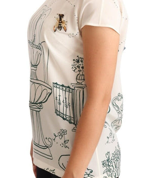 Dolce & Gabbana White Silk Garden Fountain T-Shirt Blouse Dolce & Gabbana 