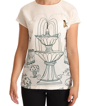 Dolce & Gabbana White Silk Garden Fountain T-Shirt Blouse Dolce & Gabbana 