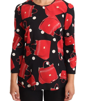 Dolce & Gabbana Black Sicily Bag Print Silk Stretch Top Blouse Dolce & Gabbana 