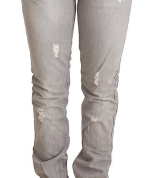 Acht Gray Tattered Cotton Slim Fit Folded Hem Women Denim Jeans