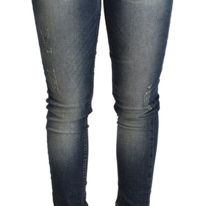 Acht Blue Washed Cotton Low Waist Skinny Denim Women Trouser Jeans